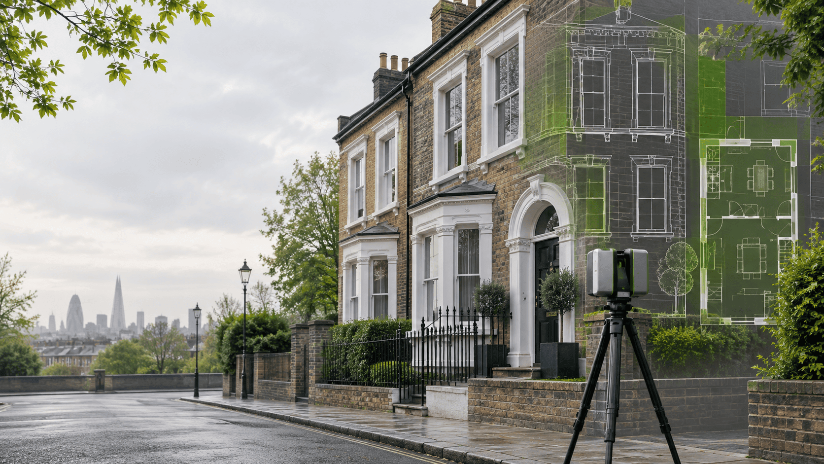 London terraced house with a laser scanner and measured survey drawing overlay
