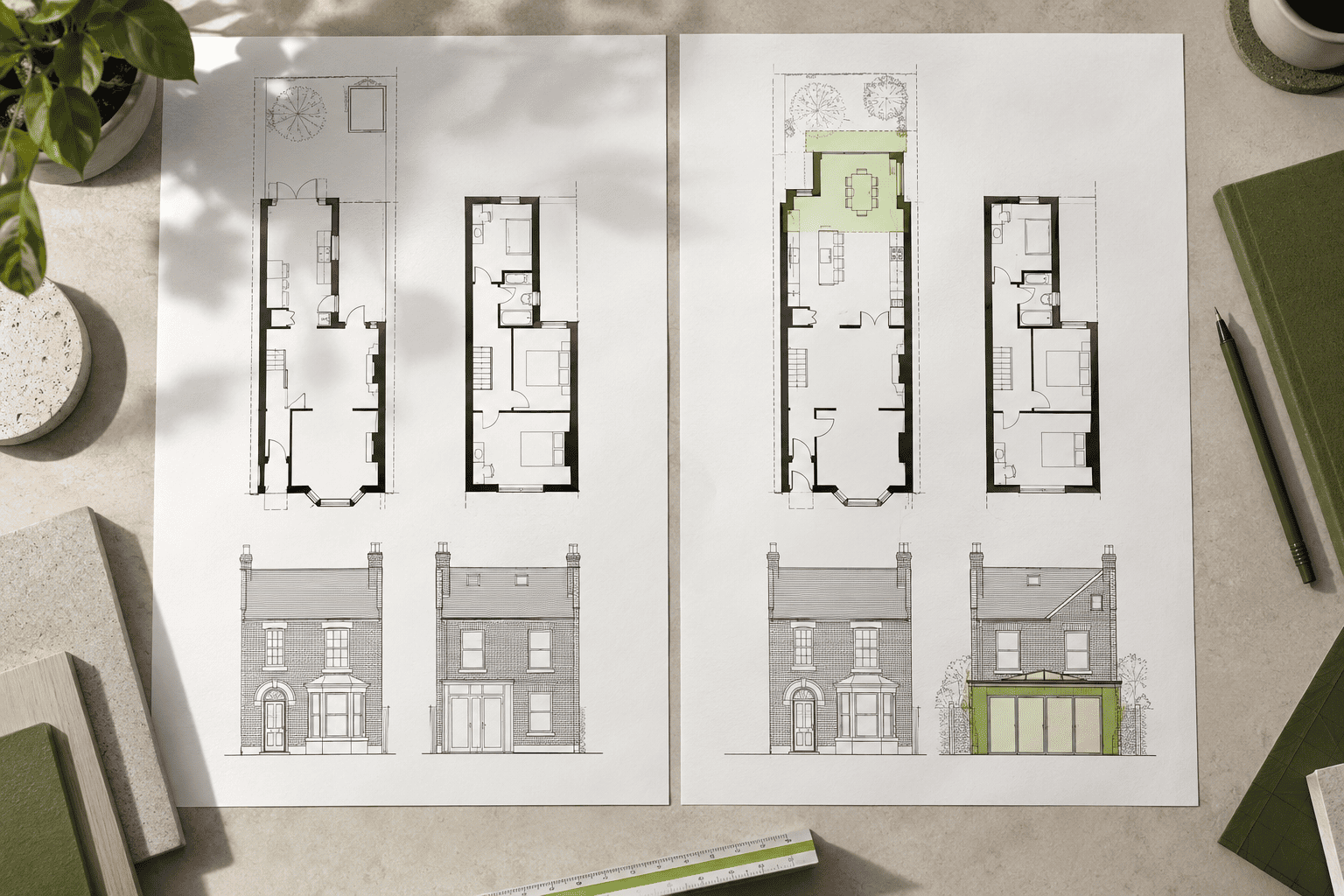 Existing and proposed architectural drawings showing a rear extension
