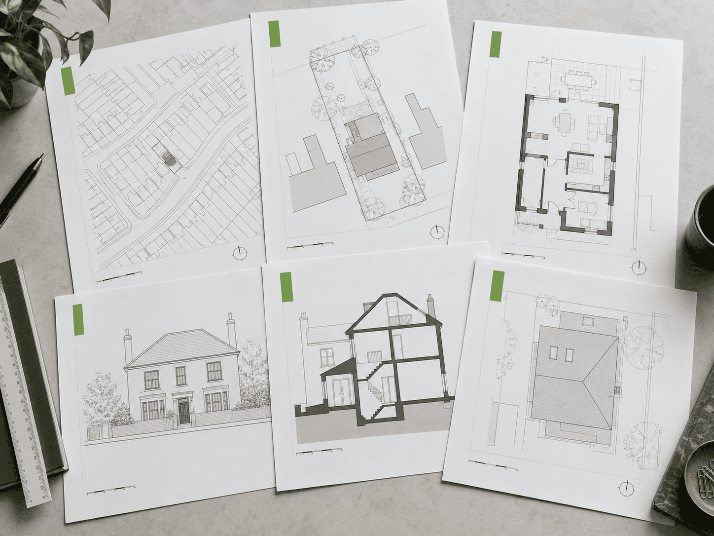 Example planning drawing pack with location plan, floor plan, elevation, section and roof plan