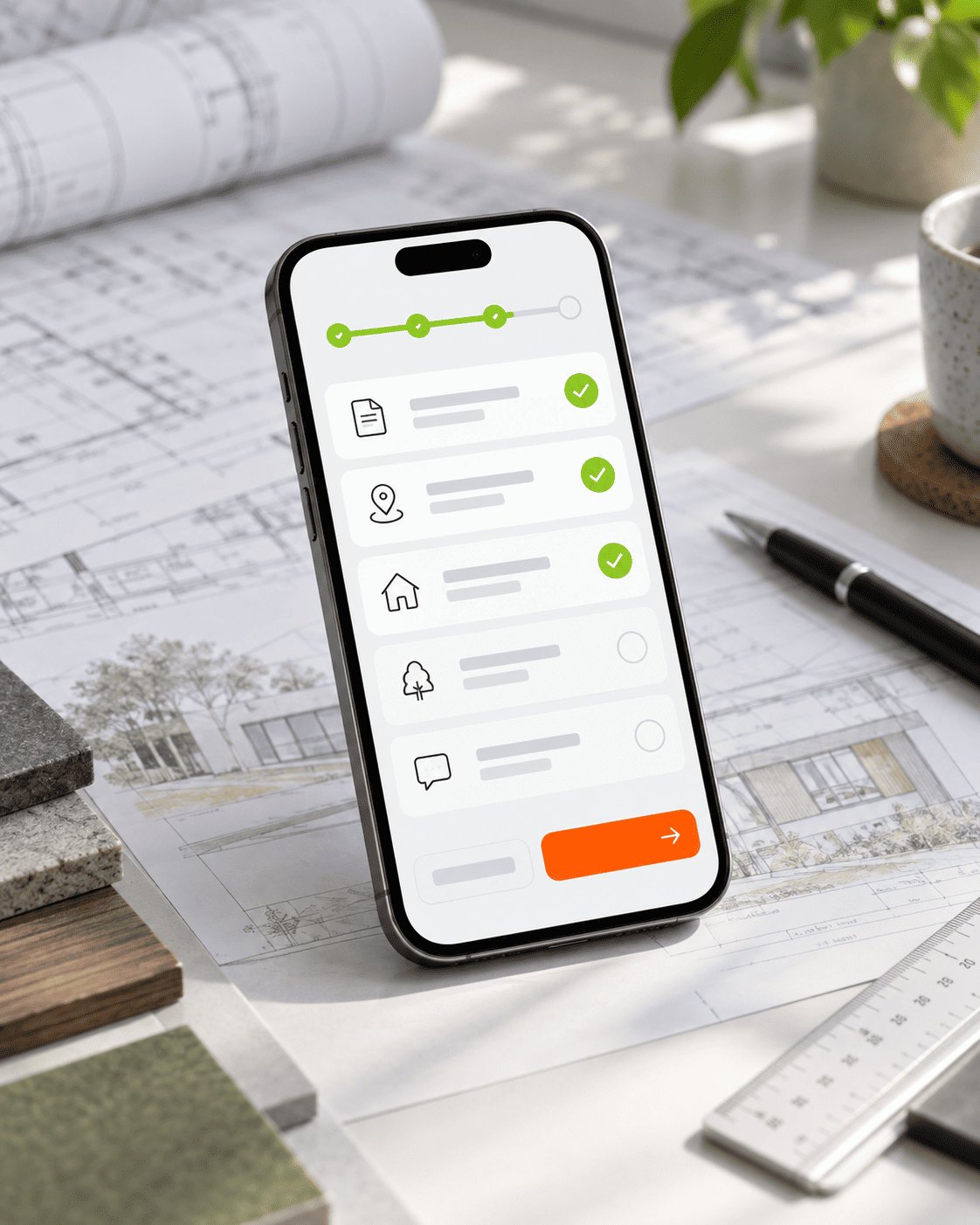 Mobile planning checklist interface with architectural drawings in the background