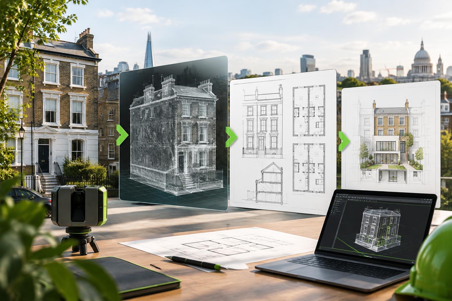 Architectural planning workflow from measured survey to drawing set