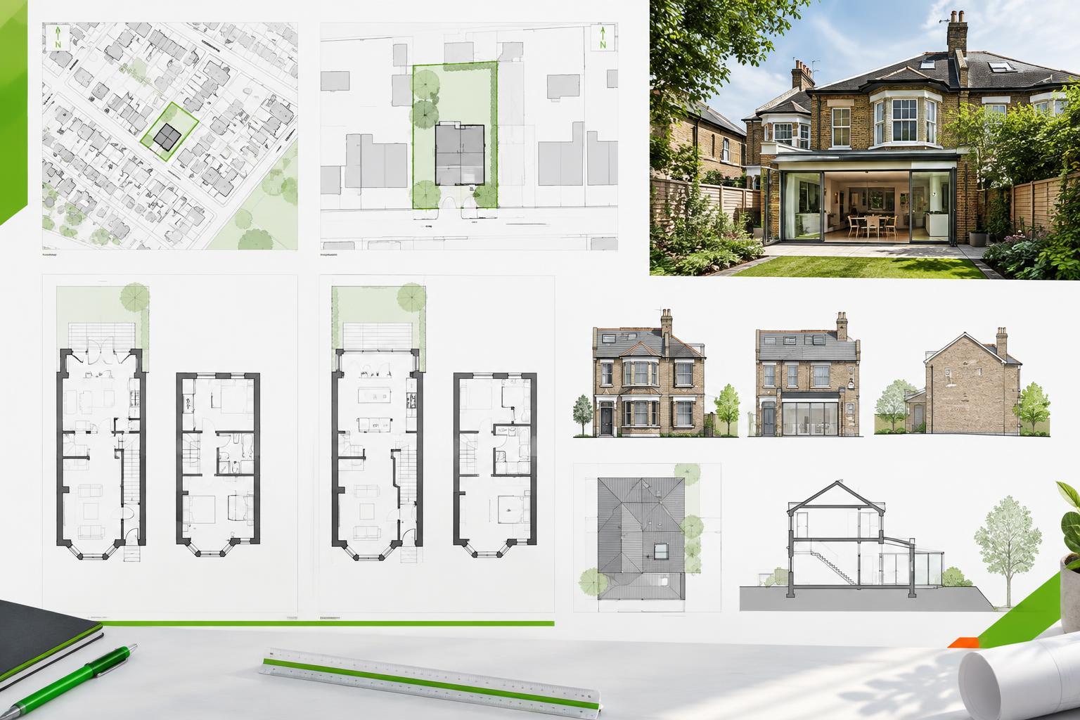 Planning drawing set showing floor plans, elevations, sections and site information