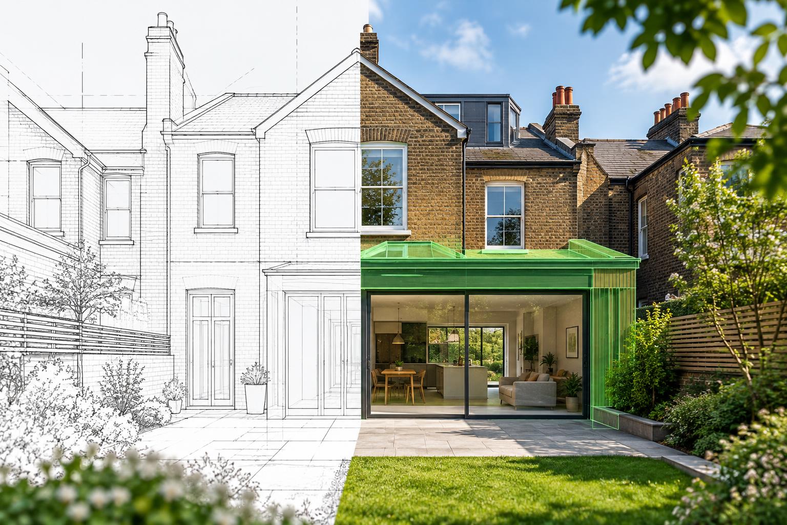 London house shown with existing and proposed architectural drawing overlays
