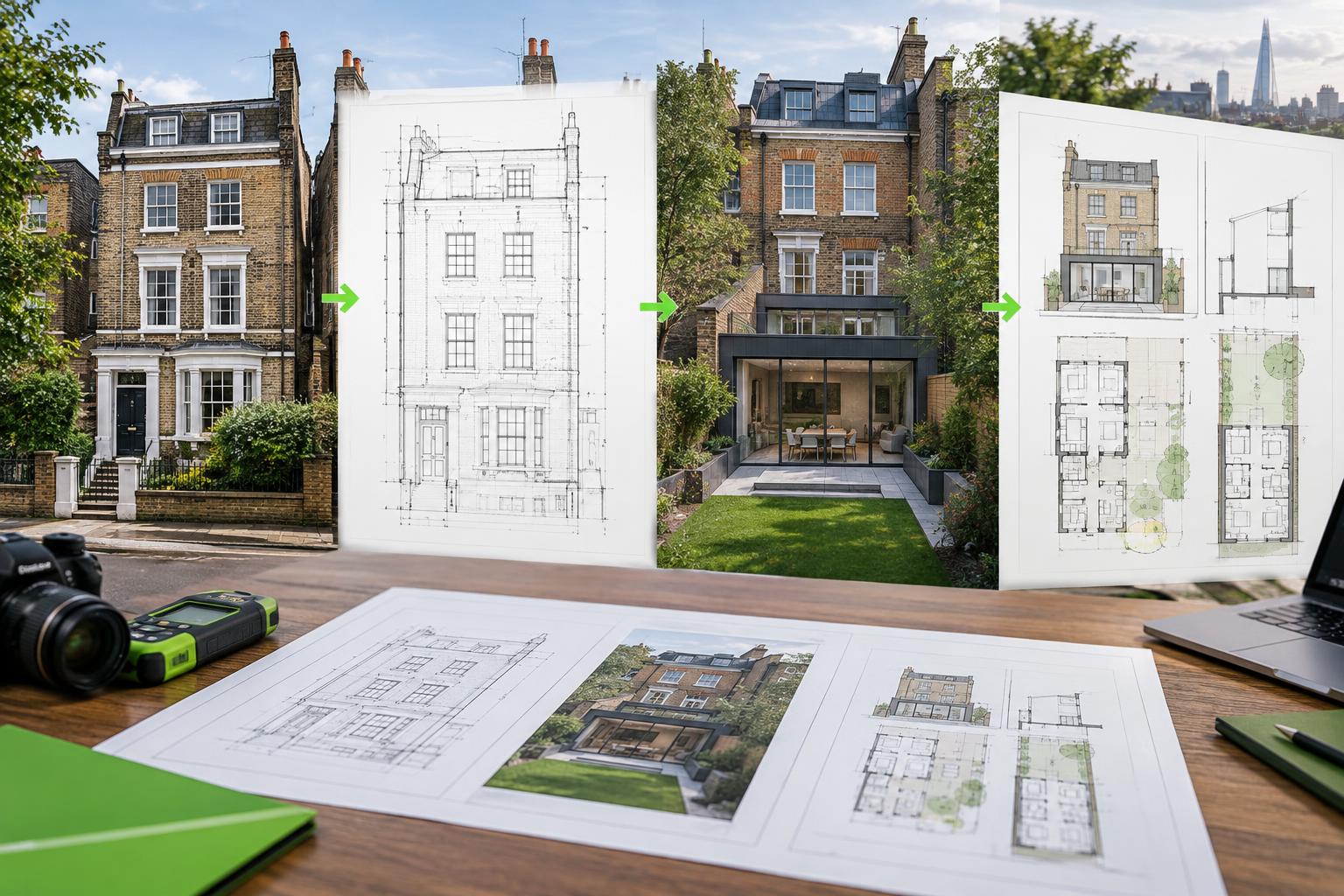Existing building survey leading to proposed architectural design drawings