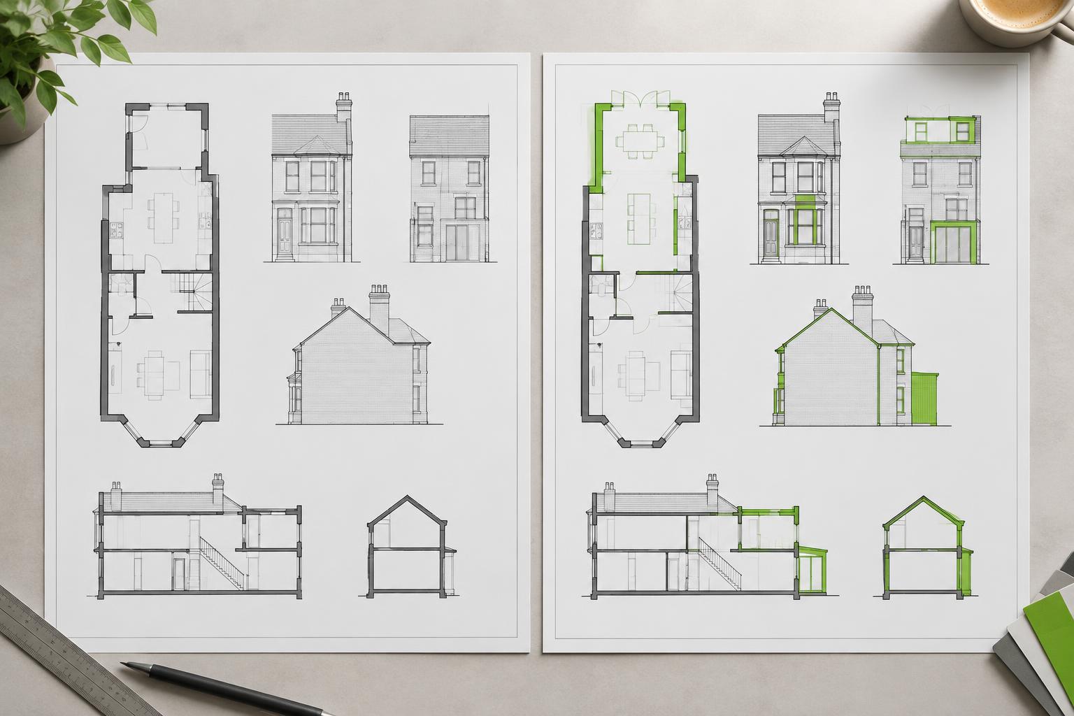 Existing and proposed architectural plans and elevations shown side by side
