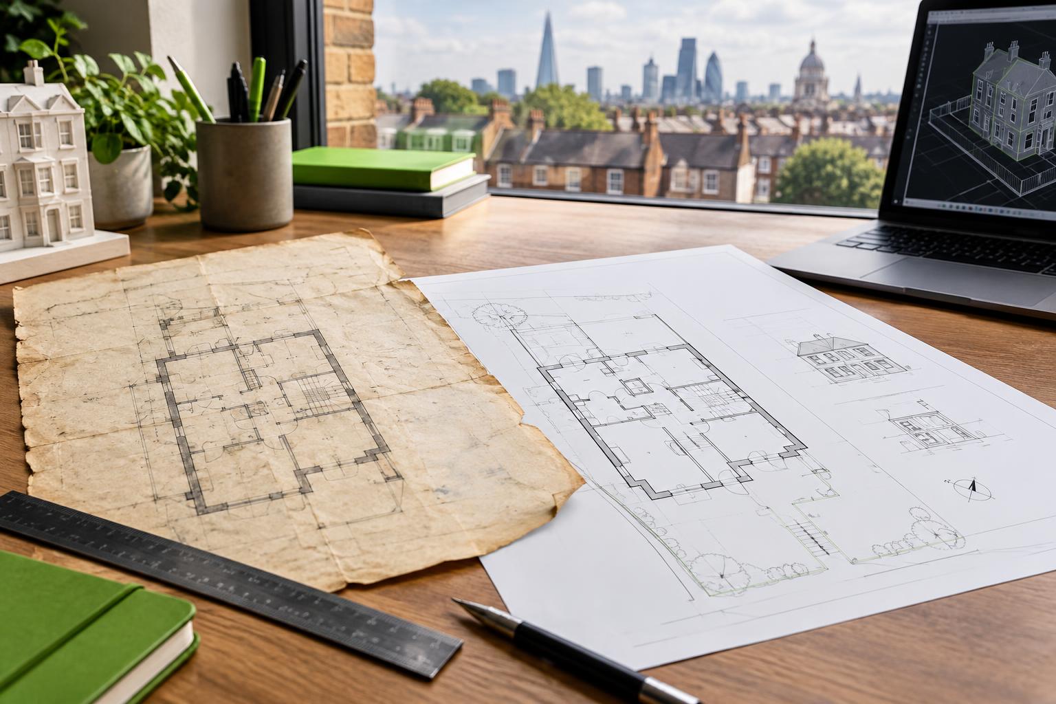Old property drawings beside a modern measured survey drawing