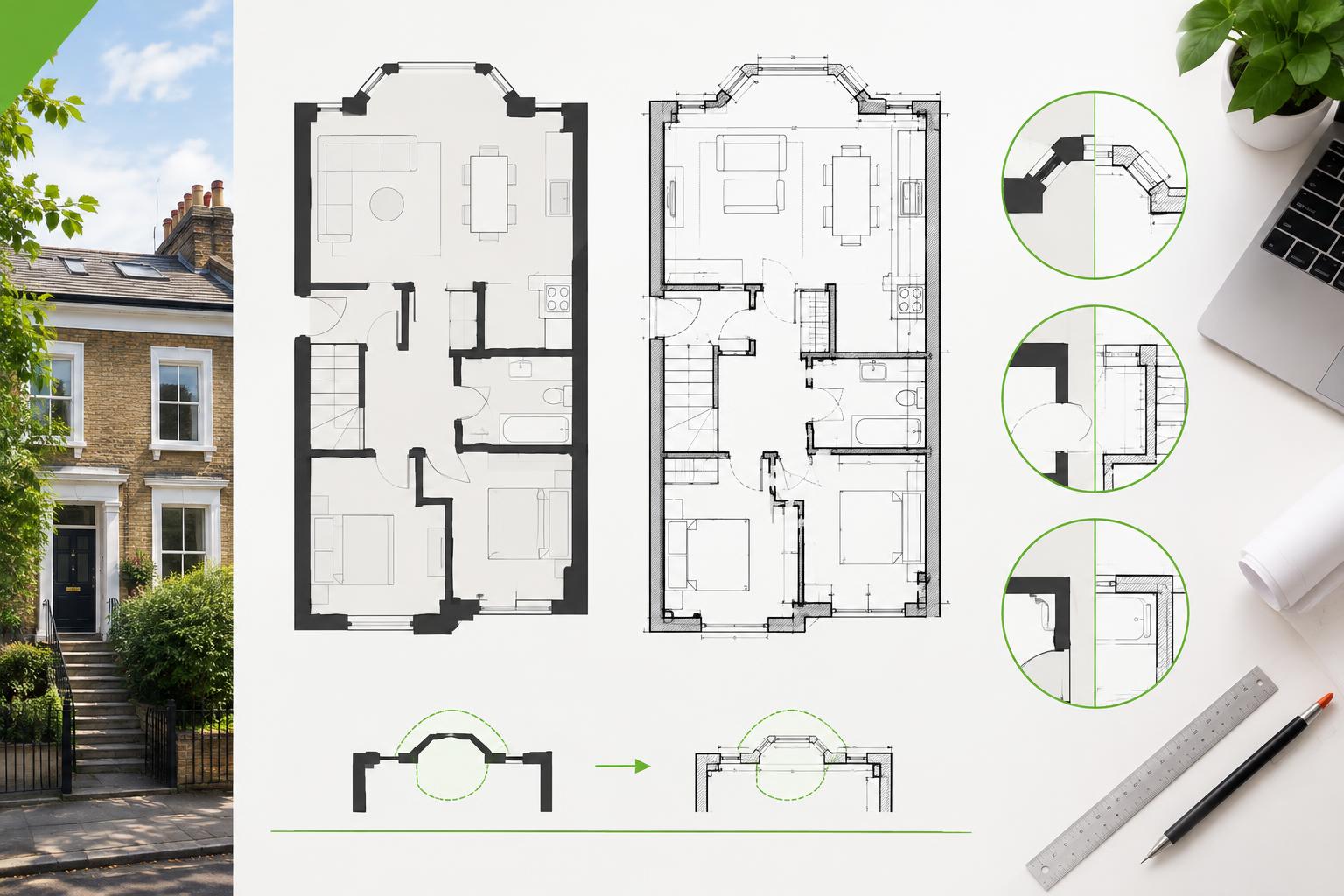 Comparison between approximate old plans and precise current measured drawings