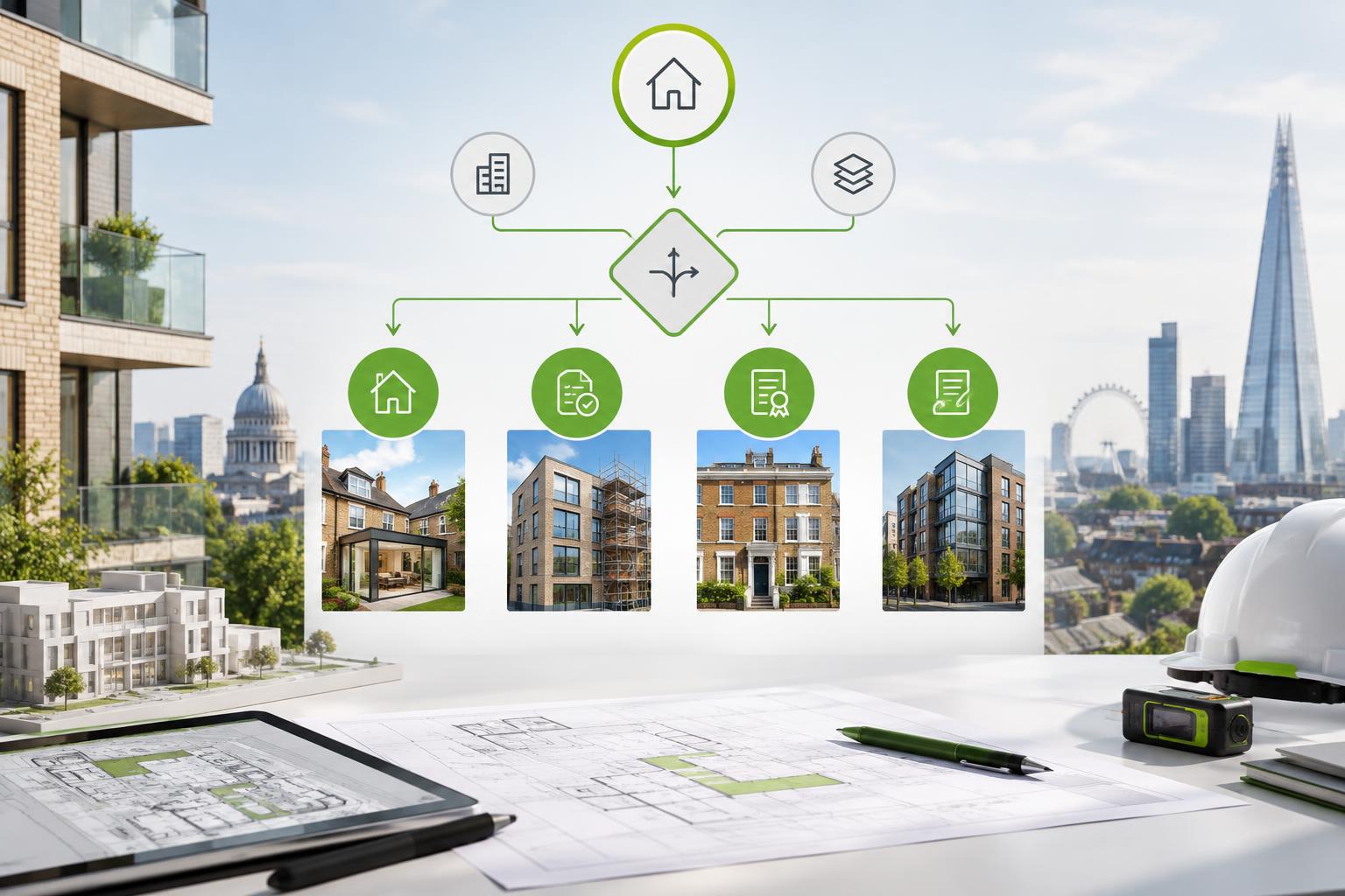 Decision workflow comparing permitted development planning permission prior approval and lawful development certificate