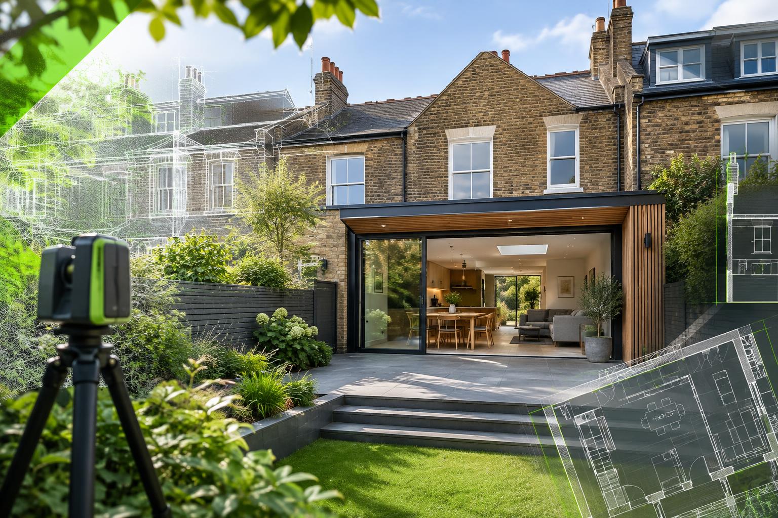 London terraced house with a contemporary rear extension and survey overlay