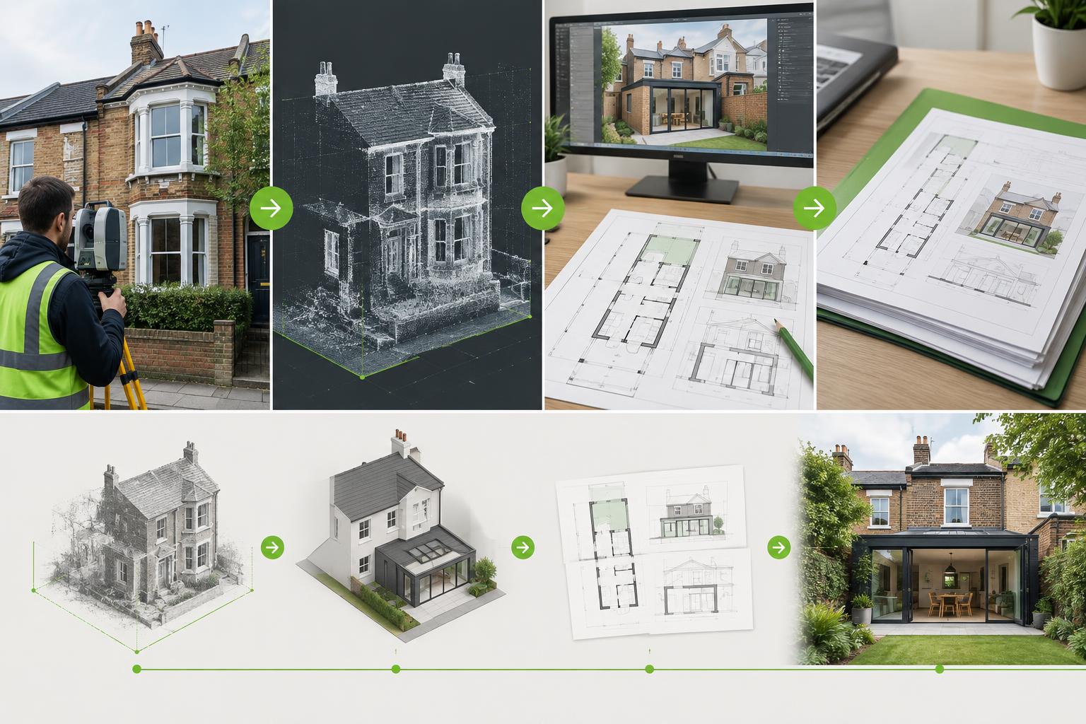 House extension workflow from measured survey through design and planning submission