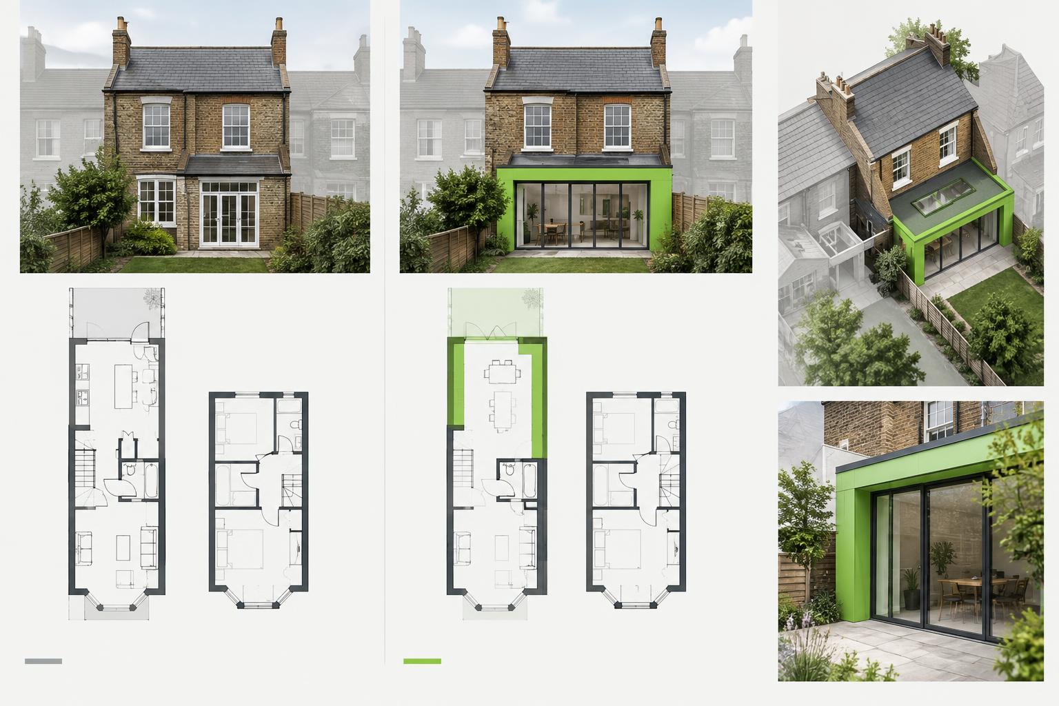 Existing and proposed house extension floor plans and elevations