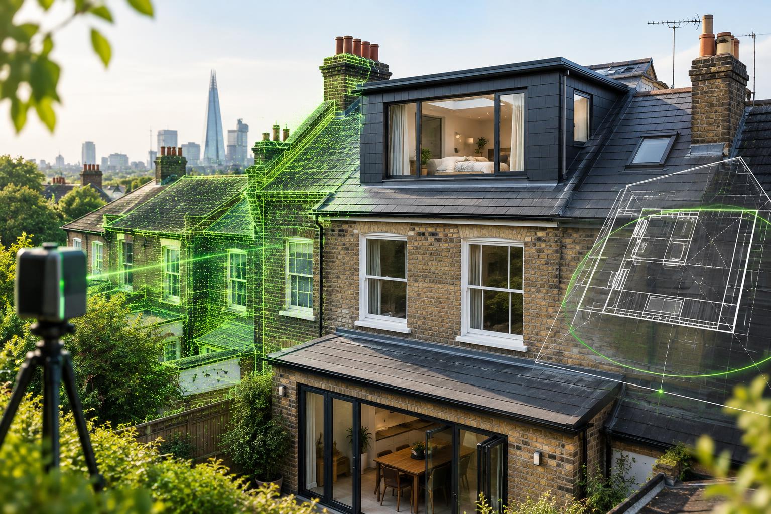 London terraced house with rear dormer loft conversion and survey overlay