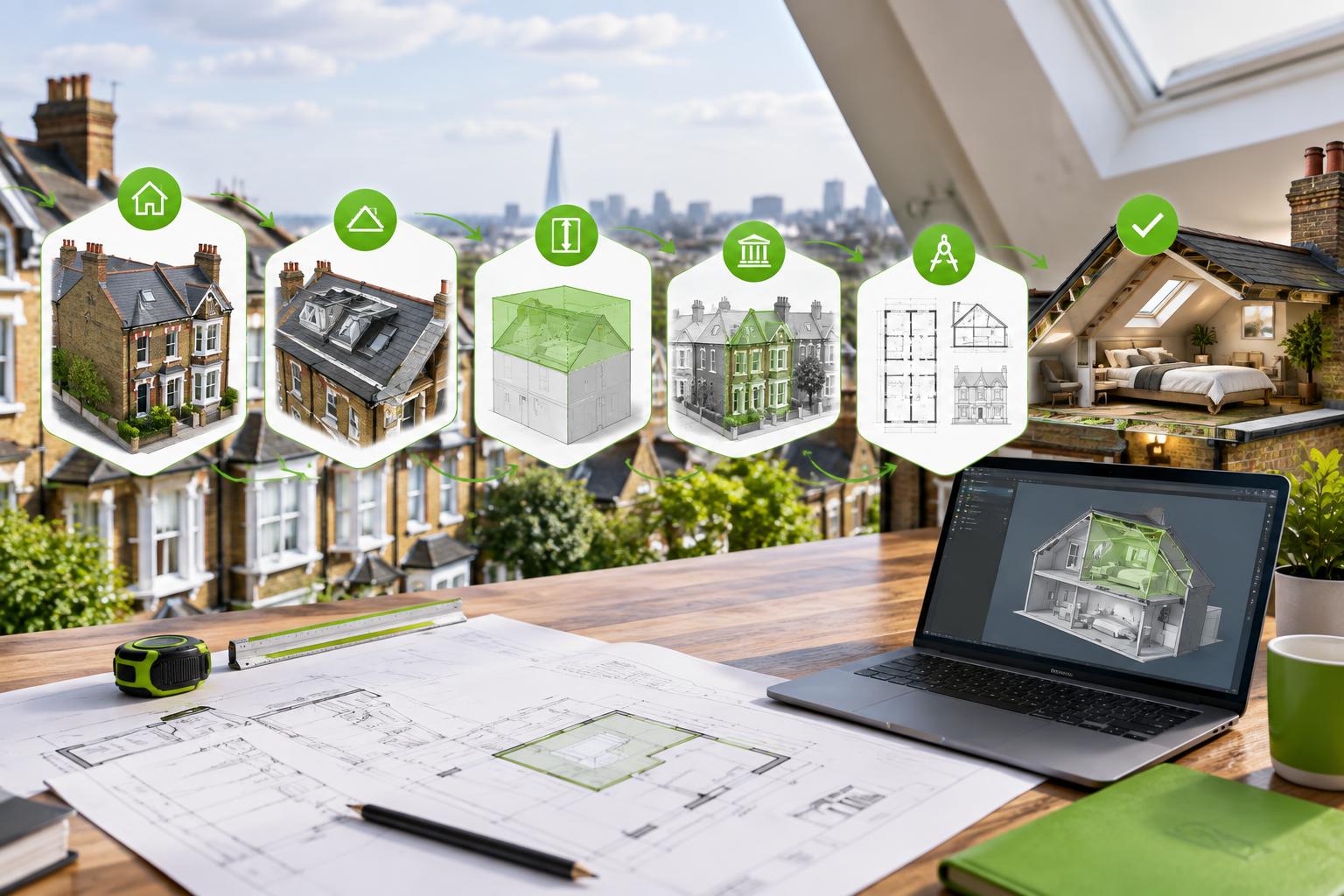 Loft conversion workflow showing survey roof geometry planning checks and design