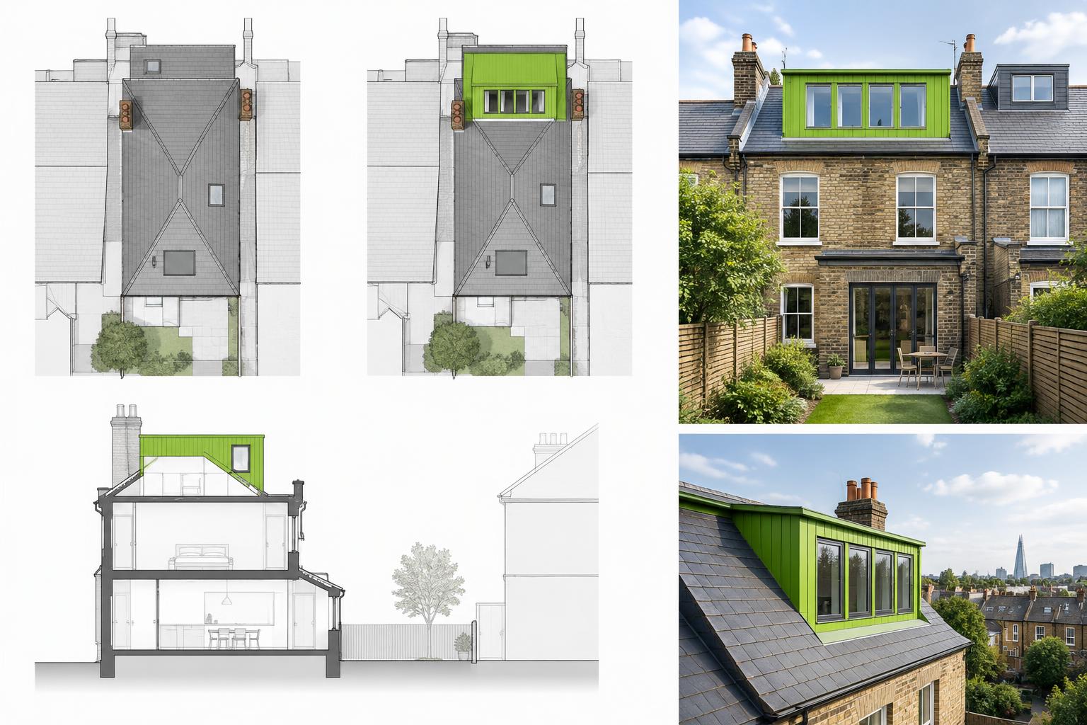 Architectural loft conversion drawings showing roof plan elevation and section