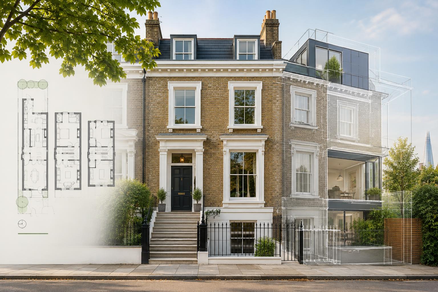 London converted townhouse containing flats with architectural drawing overlay